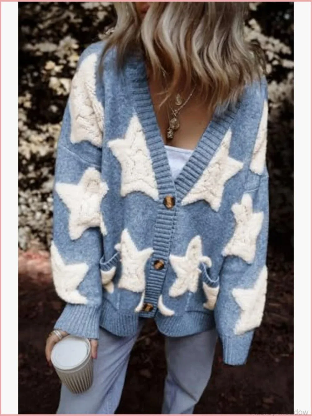 Womens Sherpa Star Pattern Cardigan Sweater with Pockets - Picture 4 of 7